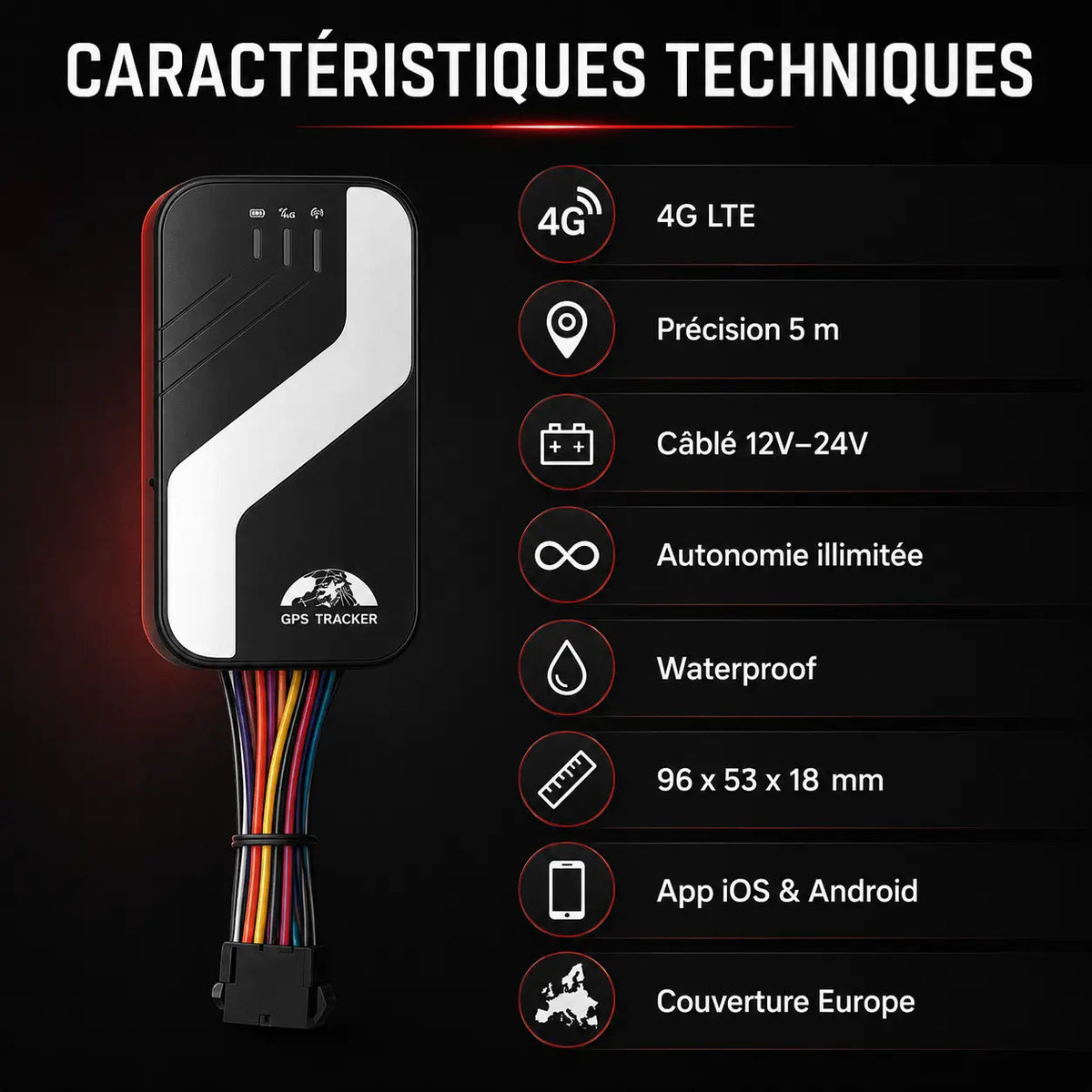 Fiche technique Trackeur Pro Control — 4G LTE, précision 5m, waterproof, 96x53x18mm, app iOS Android, couverture Europe