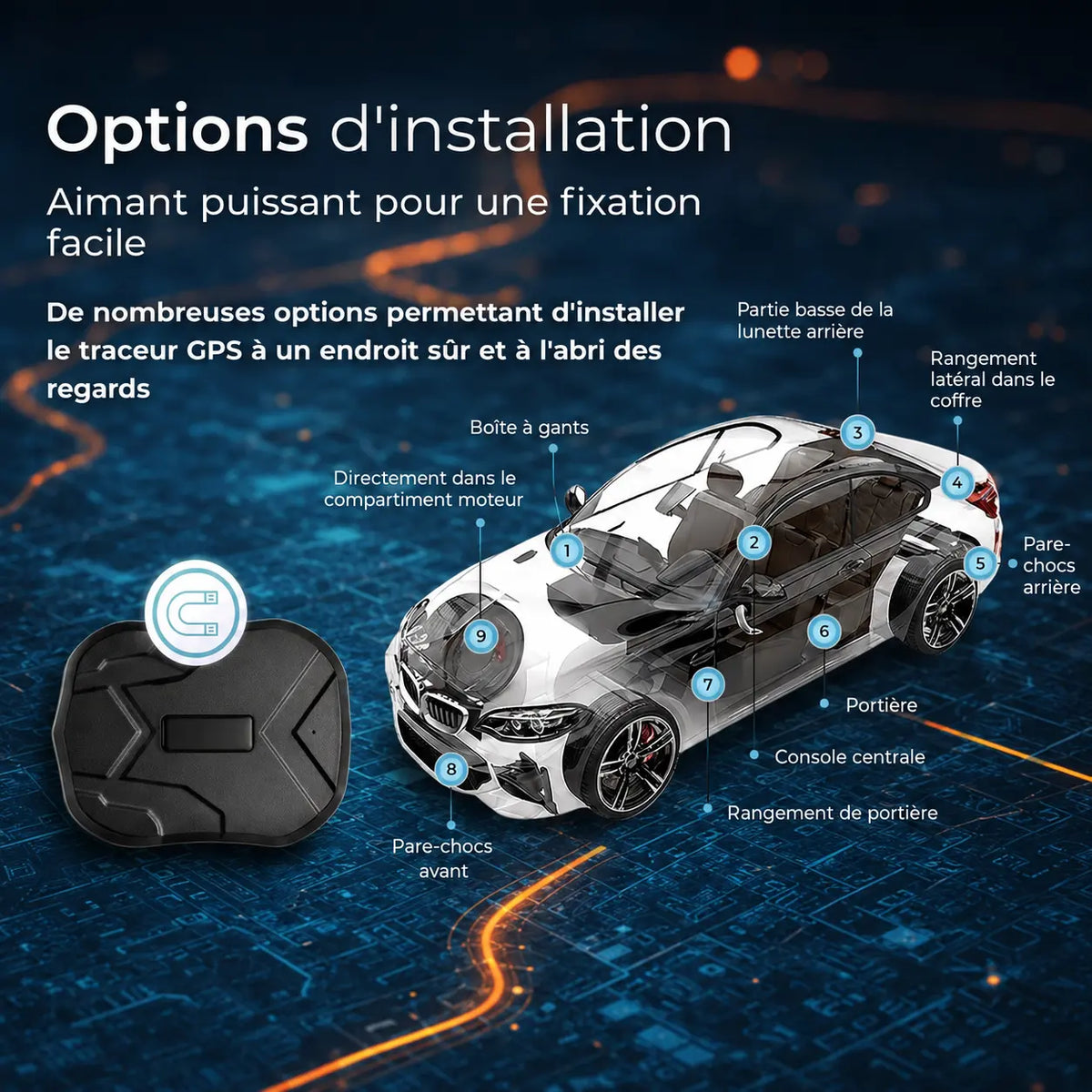Trackeur Pro Vigilance Voiture — Options d'installation aimant sous châssis ou câblage