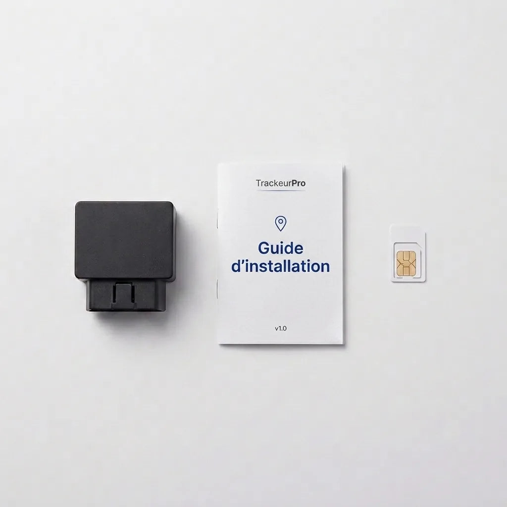 Contenu du colis traceur GPS OBD — boîtier, guide d'installation, carte SIM