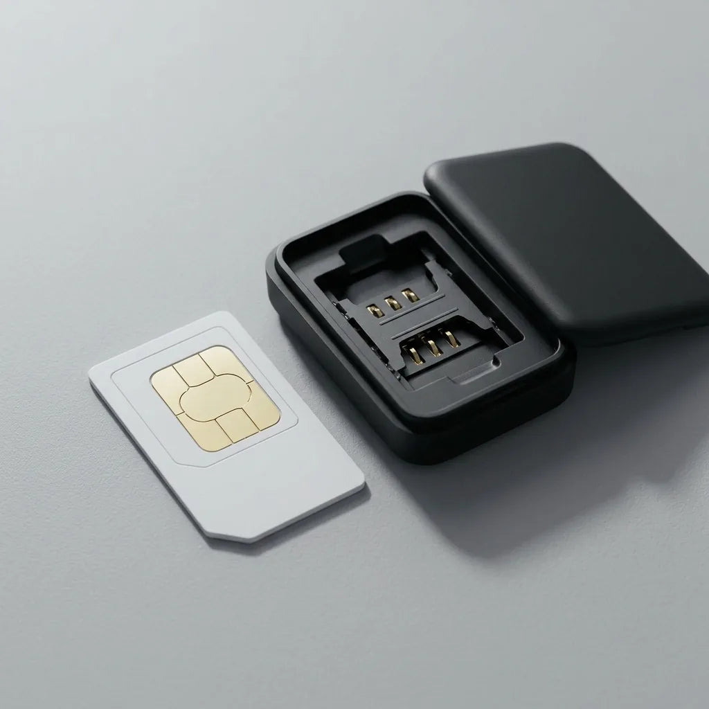 Traceur GPS sans abonnement et carte SIM 4G posés séparément sur fond gris clair