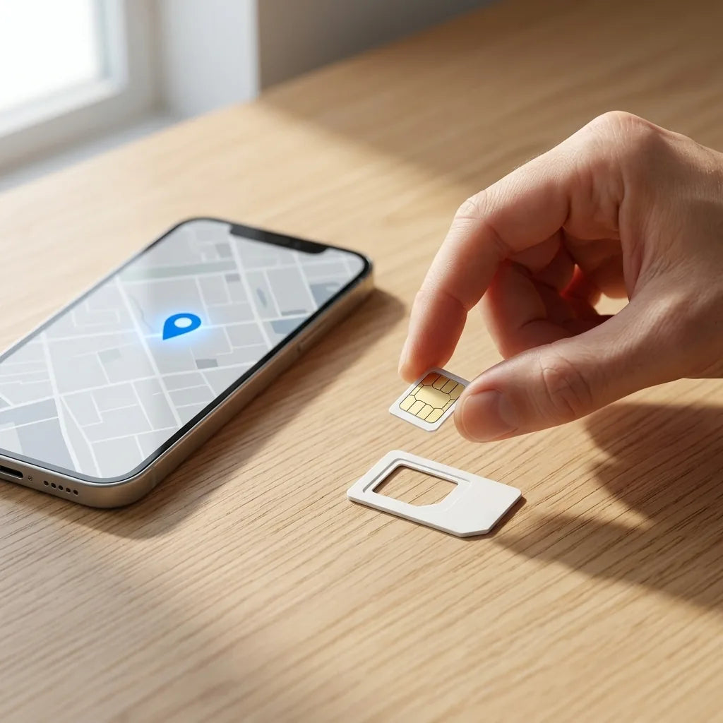 Main détachant une carte SIM nano à côté d'un smartphone affichant la position du traceur