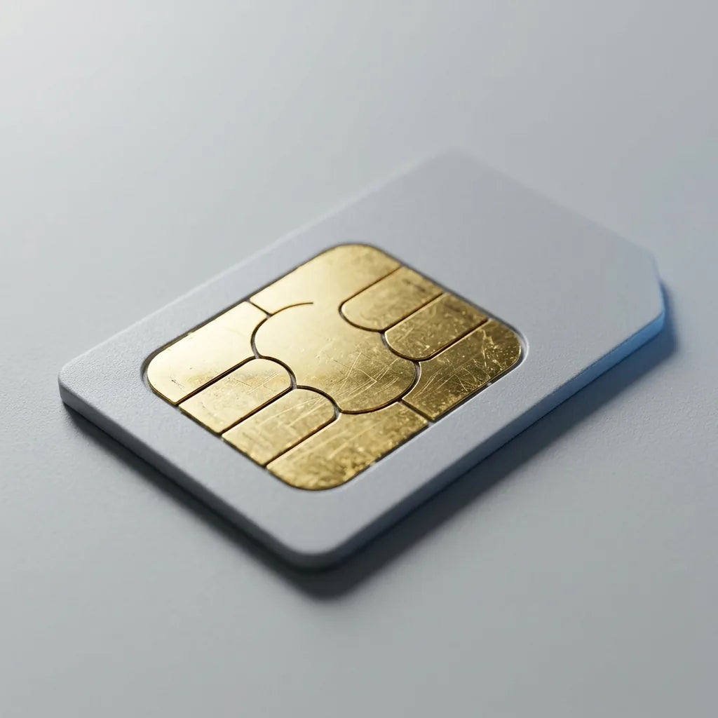 Macrophotographie des contacts dorés d'une carte SIM nano pour traceur GPS