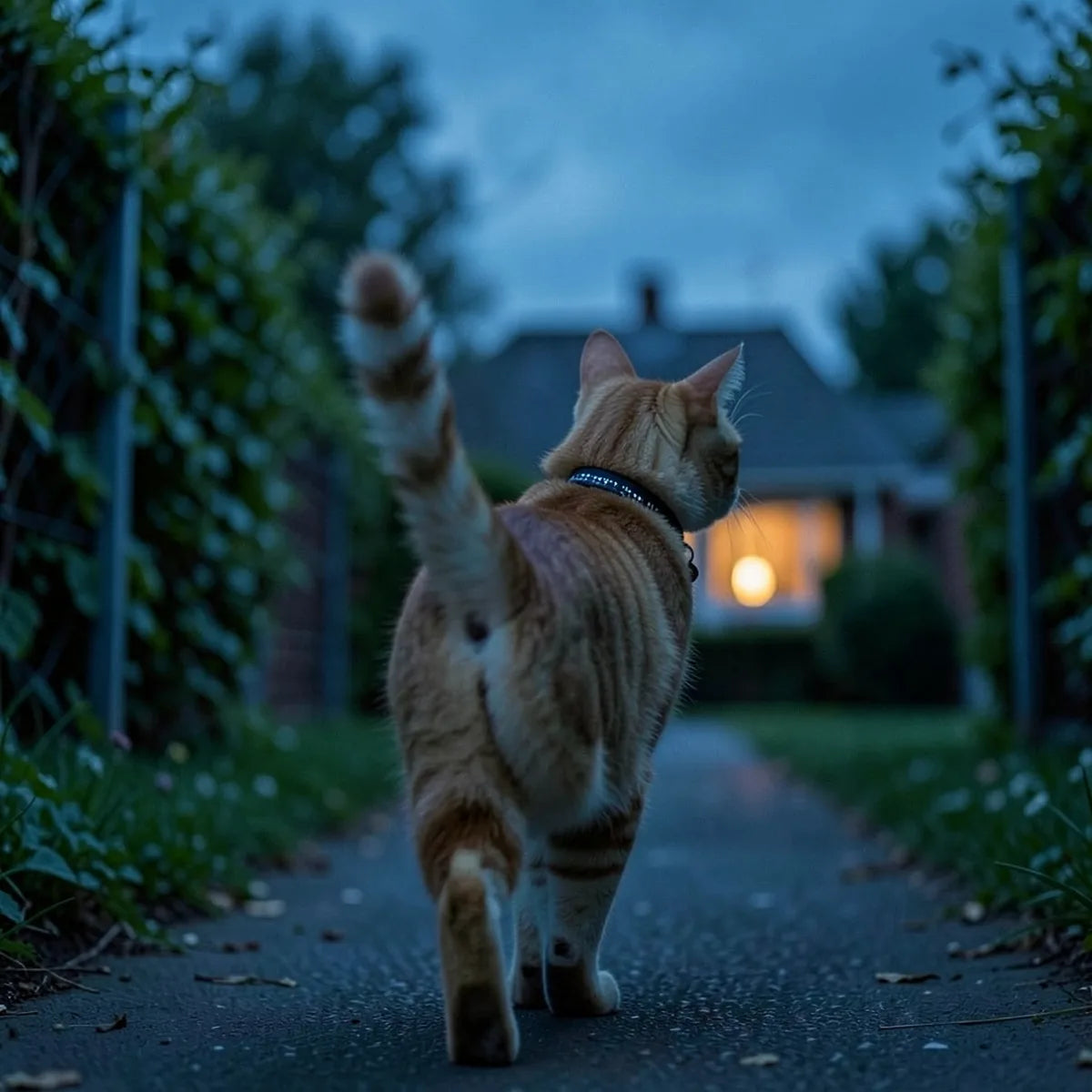 Chat tigré de dos s'éloignant sur une allée de jardin au crépuscule, portant un collier réfléchissant