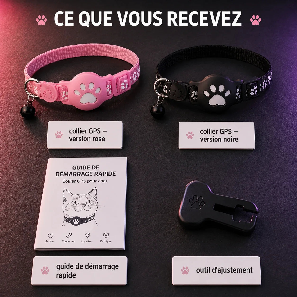 Collier traceur chat — contenu du colis, versions rose et noire