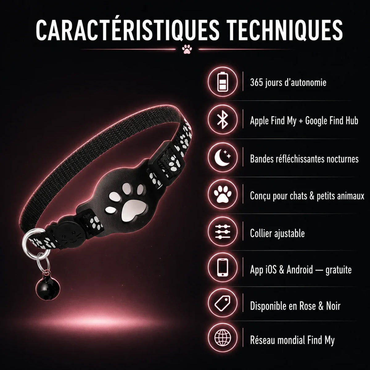 Collier traceur chat — fiche technique et compatibilité
