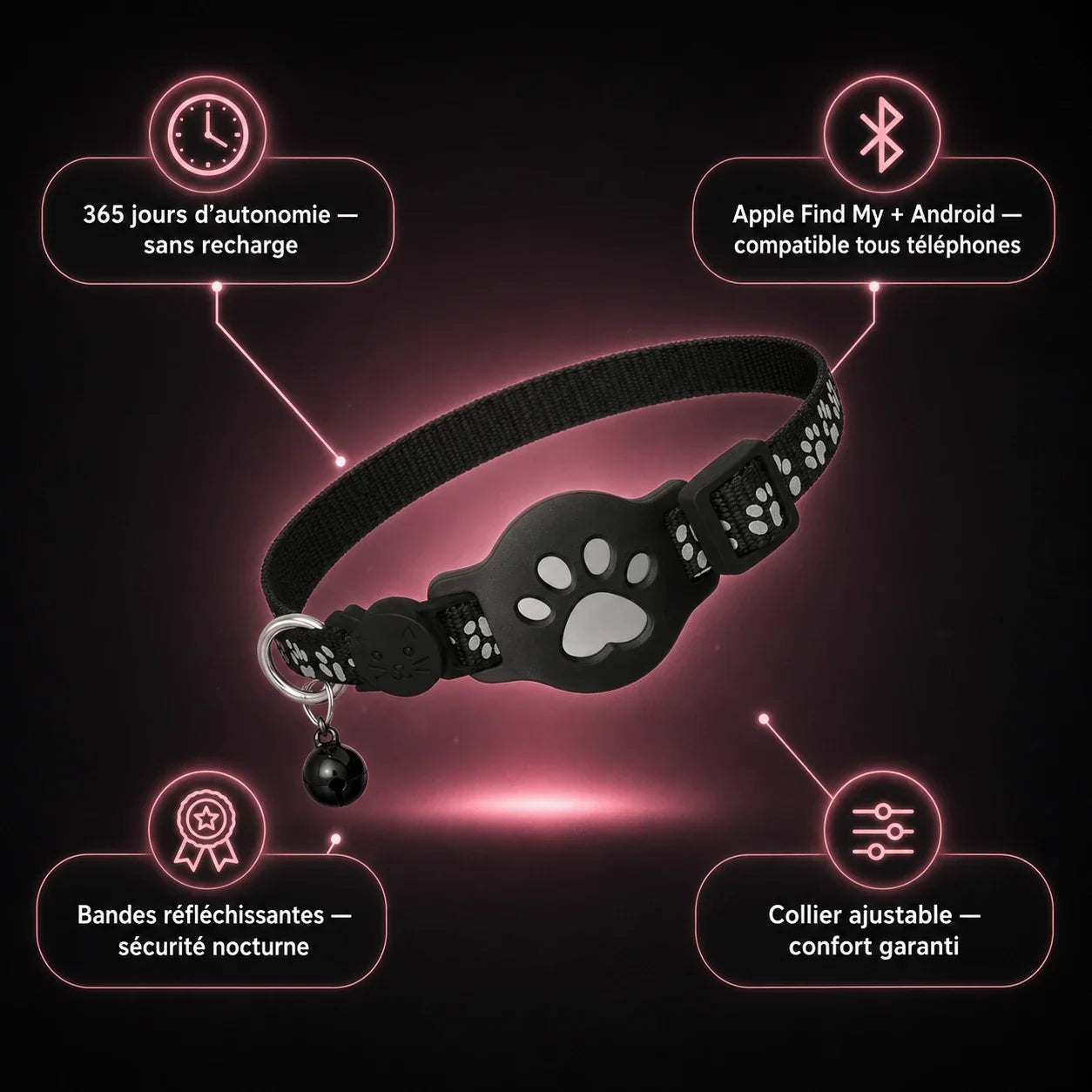 Collier traceur chat — bandes réfléchissantes et fonctionnalités