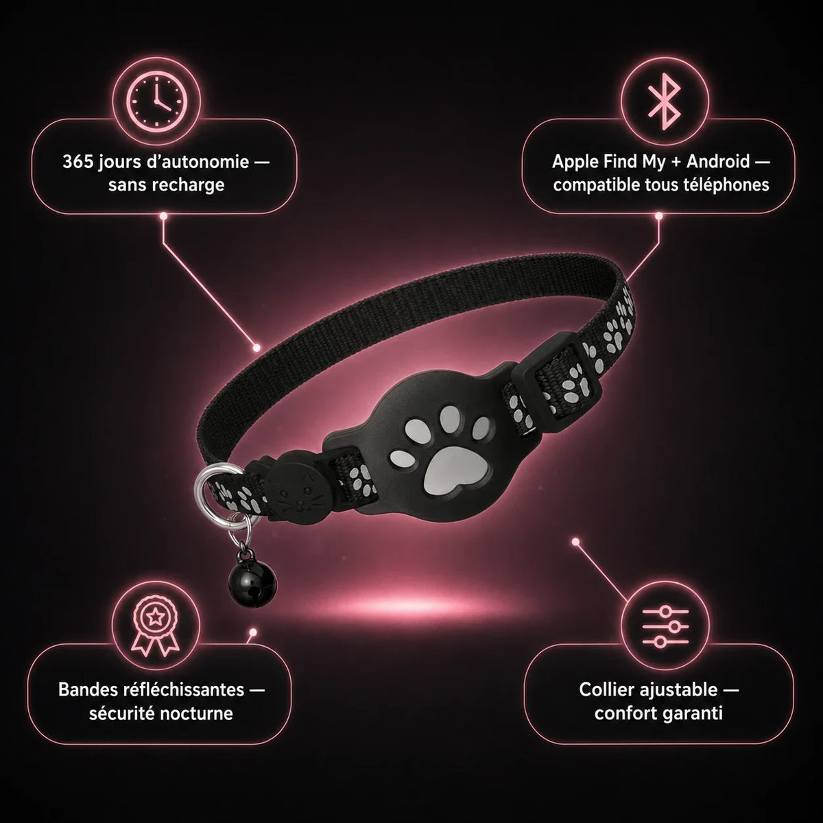 Collier traceur chat — bandes réfléchissantes et fonctionnalités