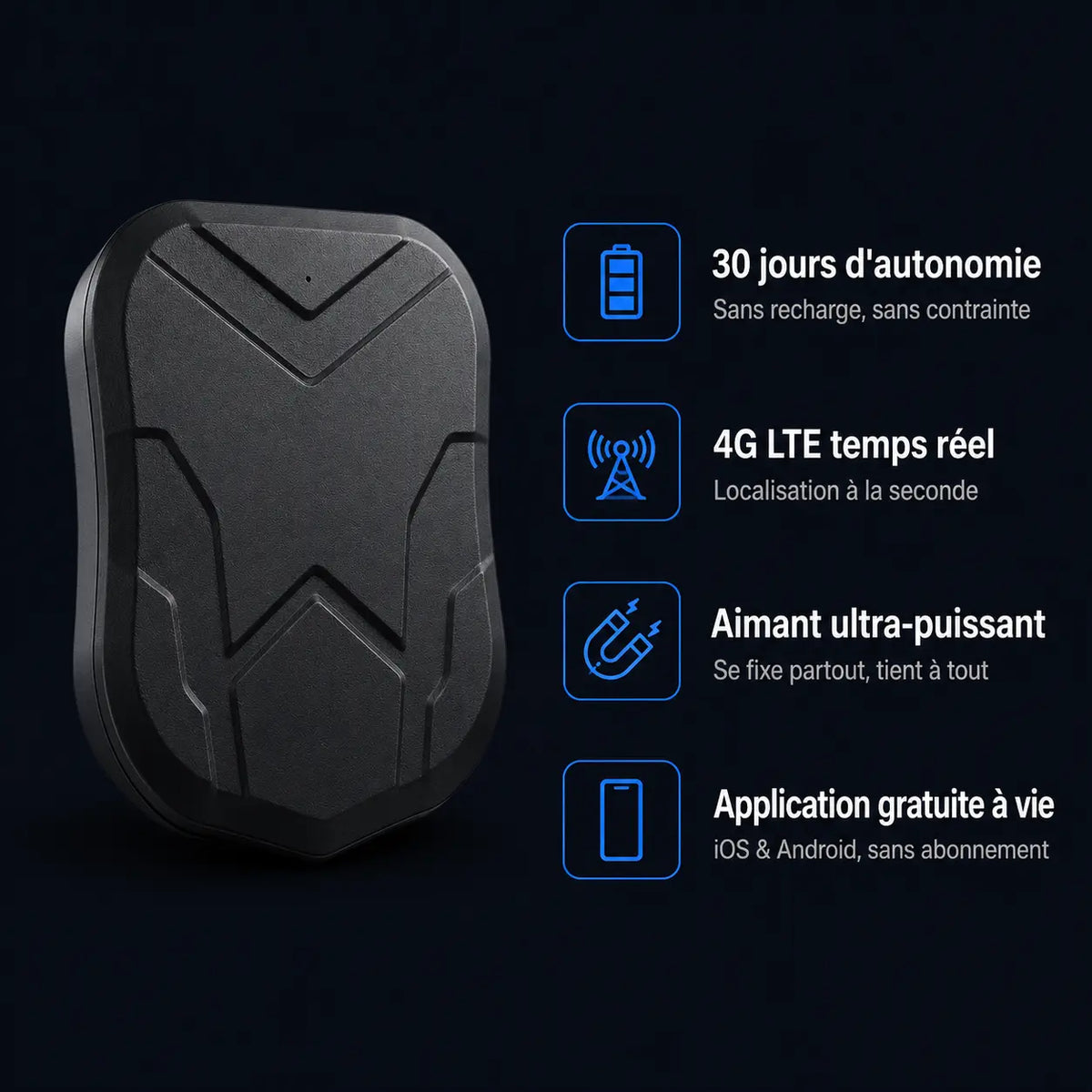 Trackeur Pro Vigilance Voiture — Fonctionnalités clés aimant néodyme 30 jours autonomie 4G