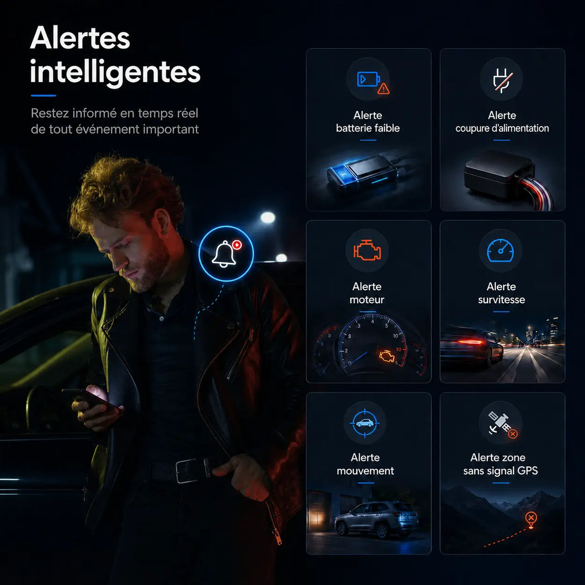 Alertes intelligentes traceur GPS voiture — choc, coupure alimentation, batterie faible, perte signal GPS