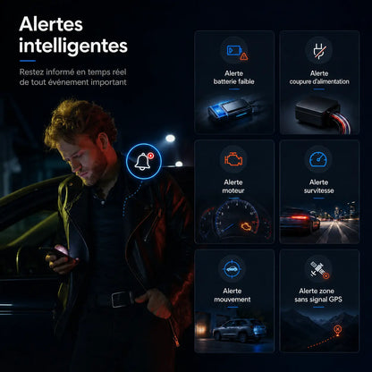 Alertes intelligentes traceur GPS voiture — choc, coupure alimentation, batterie faible, perte signal GPS