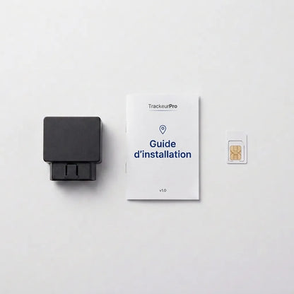 Contenu du colis traceur GPS OBD — boîtier, guide d'installation, carte SIM