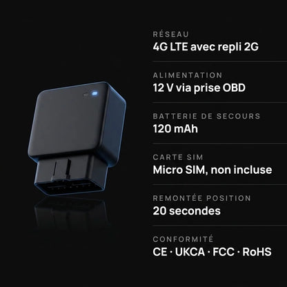 Fiche technique traceur GPS OBD — 4G LTE, alimentation 12V, batterie de secours 120 mAh