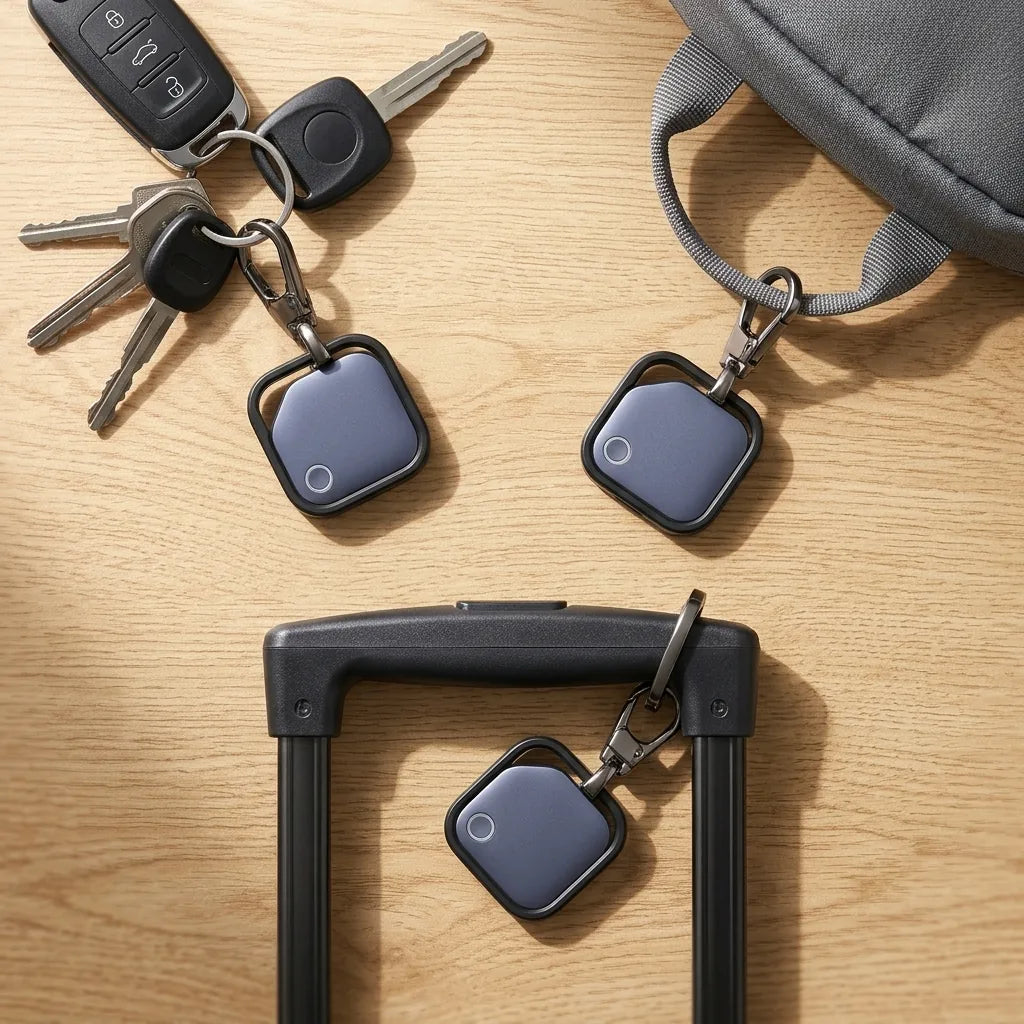 Trois traceurs Bluetooth accrochés à des clés de voiture, un sac à dos et une valise