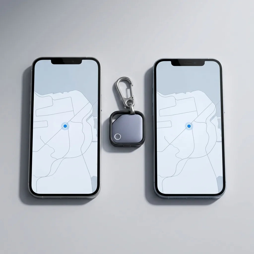Traceur Bluetooth porte-clé entre deux smartphones affichant la même position