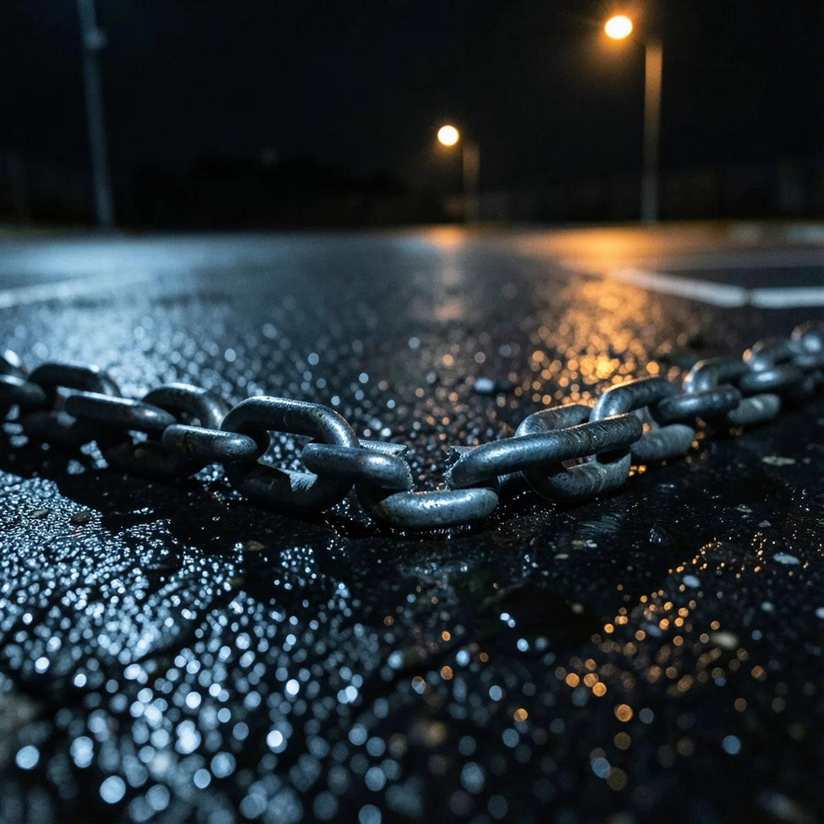 Chaîne d'antivol sectionnée sur l'asphalte mouillé d'un parking la nuit
