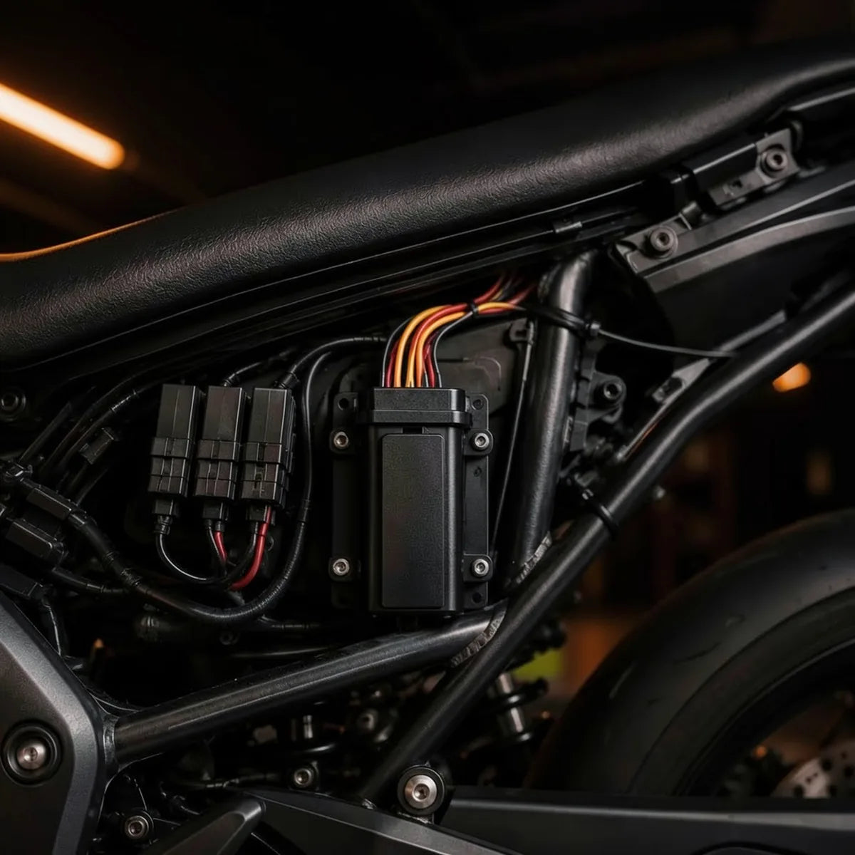 Traceur GPS installé dans le bac batterie d'une moto, selle déposée, faisceau maintenu par des colliers