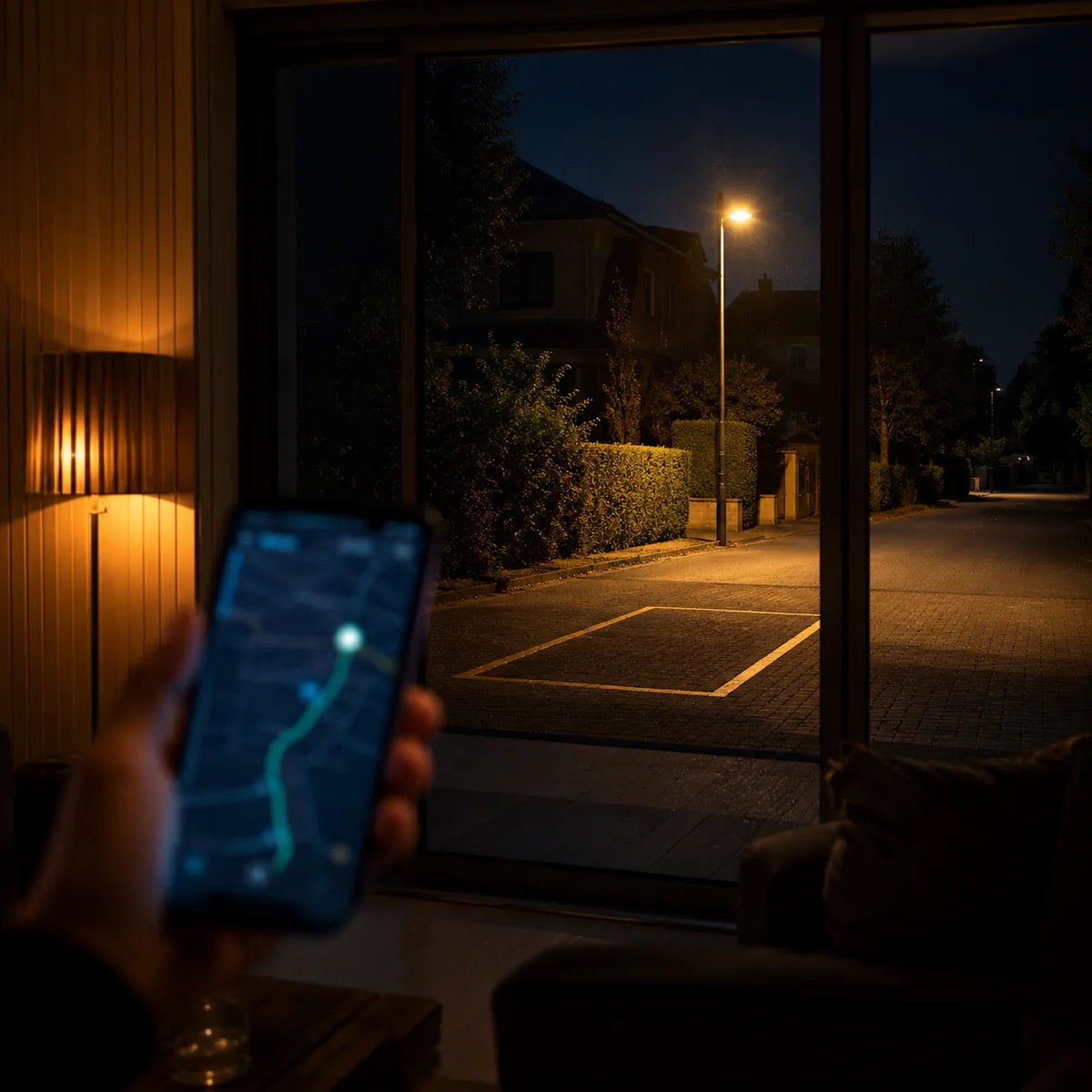 Traceur GPS voiture avec coupe-moteur : suivi en temps réel sur smartphone depuis le domicile, la nuit