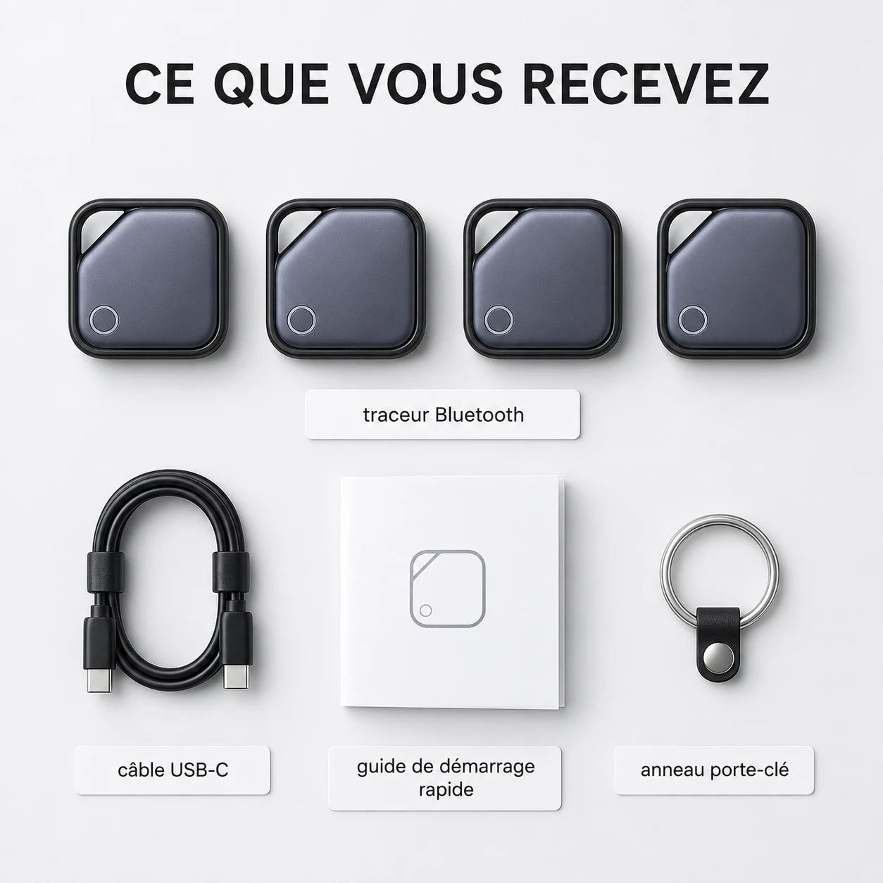 Traceur Porte-Clé Bluetooth — Contenu du colis câble USB-C et anneau porte-clé