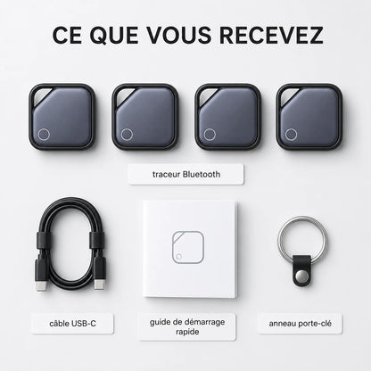 Traceur Porte-Clé Bluetooth — Contenu du colis câble USB-C et anneau porte-clé