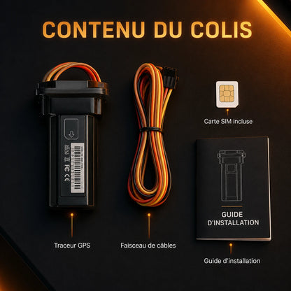 Trackeur Pro Shield Moto — Contenu du colis traceur GPS câble SIM guide