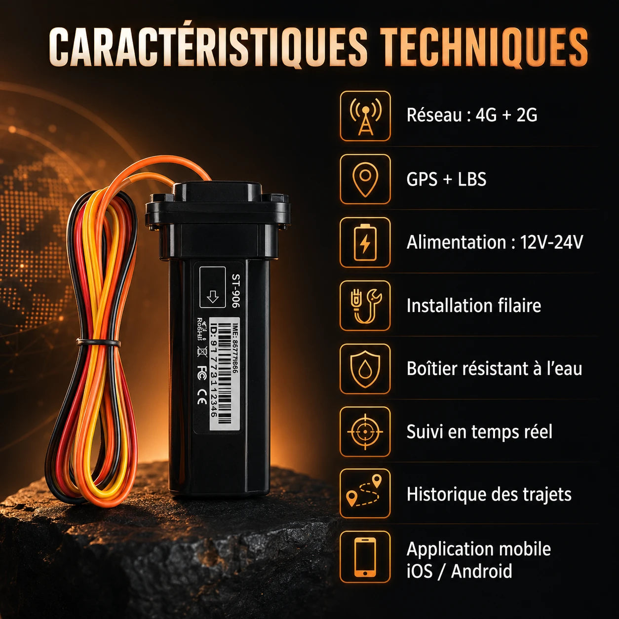Trackeur Pro Shield Moto — Caractéristiques techniques GPS 4G 2G résistant eau