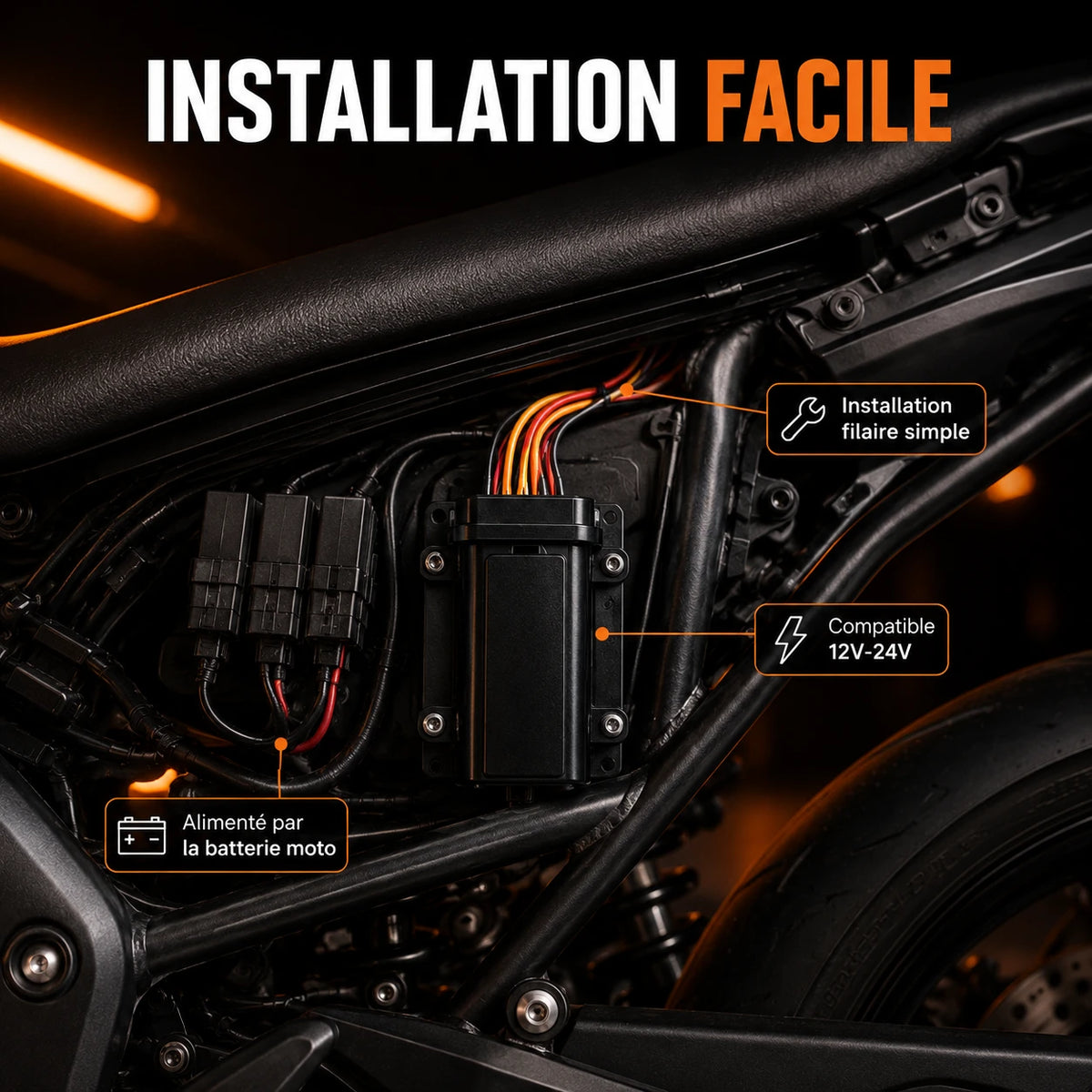 Trackeur Pro Shield Moto — Installation filaire facile 12V-24V batterie moto