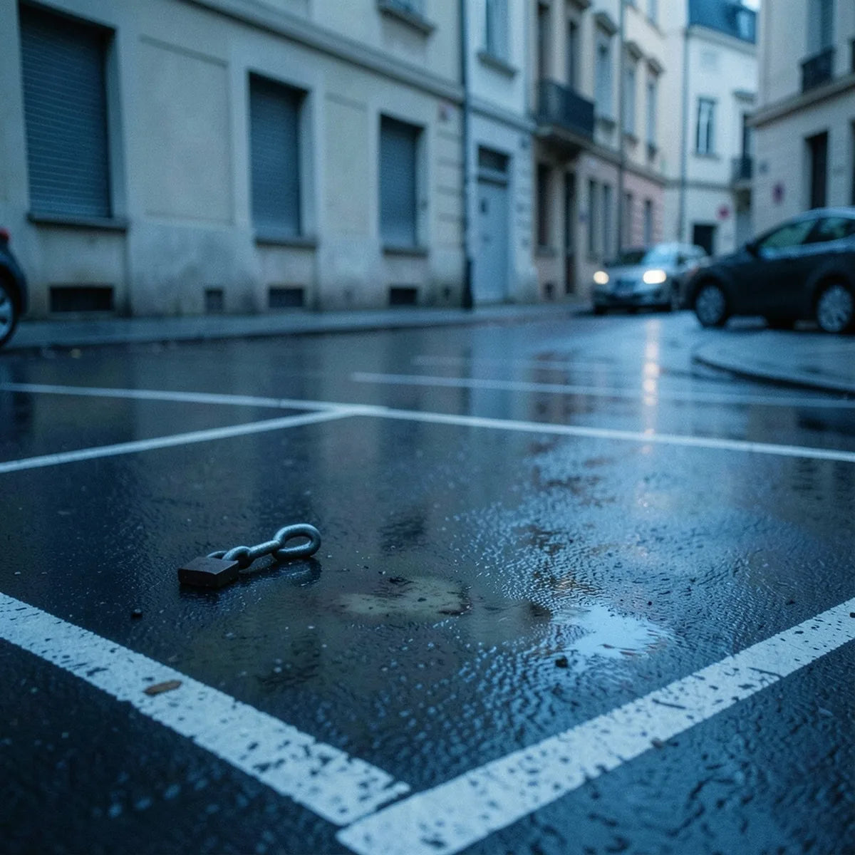 Place de stationnement moto vide sur une rue mouillée à l'aube, un arceau de cadenas abandonné au sol