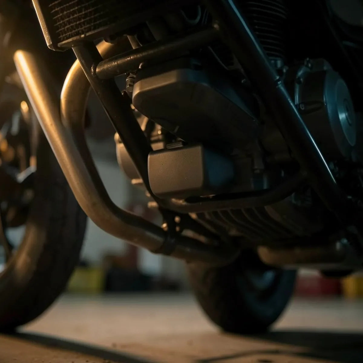 Traceur GPS compact fixé sous le châssis d'une moto, vu en contre-plongée dans un garage