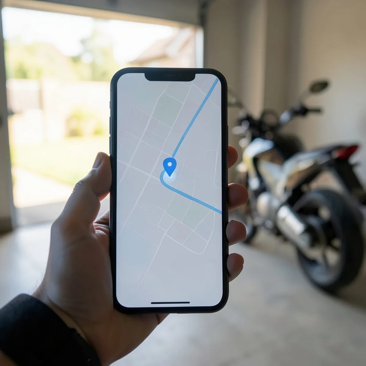 Smartphone tenu en main affichant une carte de localisation, moto stationnée en arrière-plan dans un garage