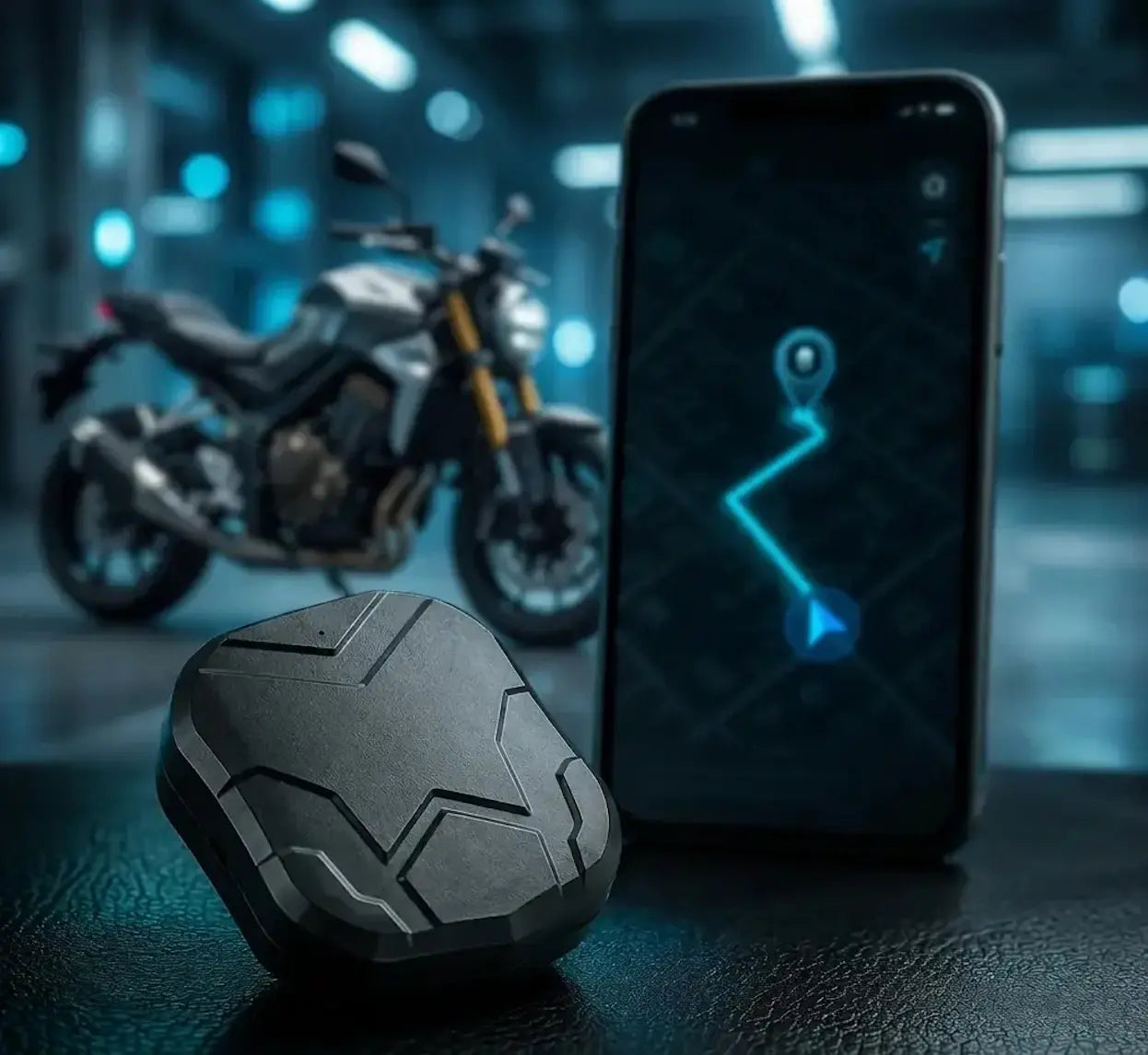 Trackeur Pro Vigilance Moto — Traceur GPS en situation, dissimulé sous le cadre de la moto